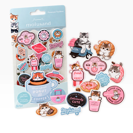 Mofusand diner cat sticker set, 36 assorted die-cut stickers on display card