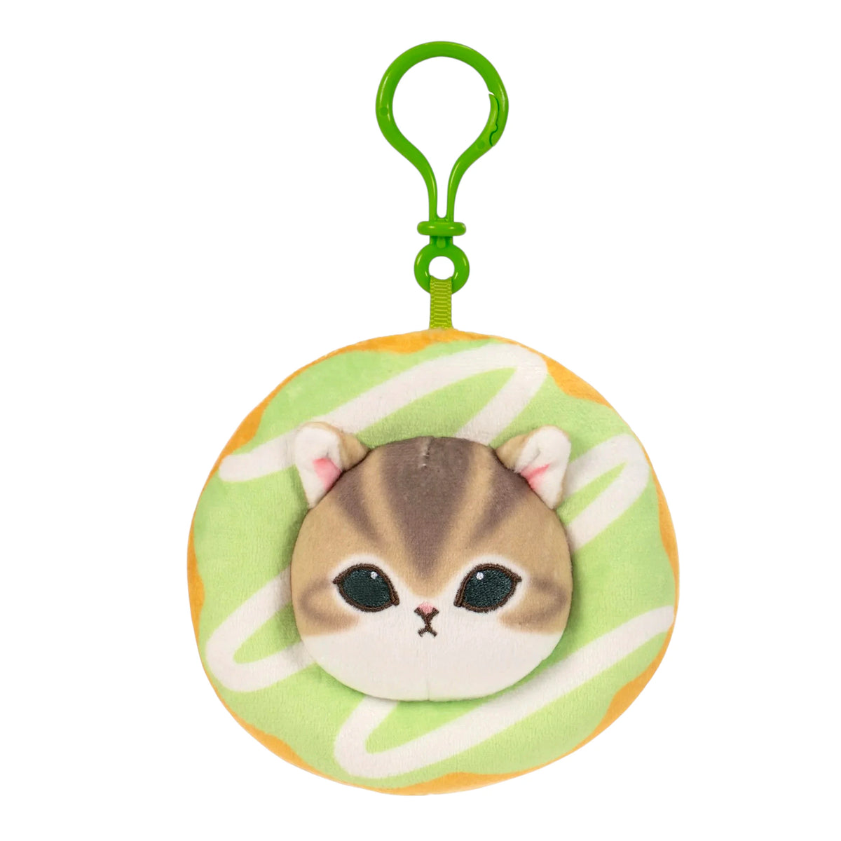 Donut-shaped plush animal keychain with green loop, light green striped cat face.