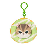 Donut-shaped plush animal keychain with green loop, light green striped cat face.