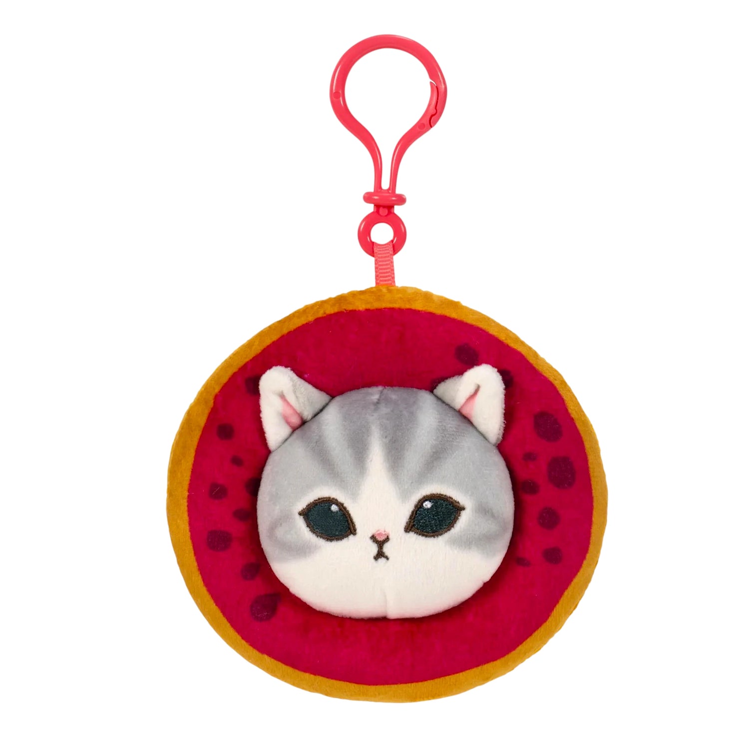 Donut-shaped plush cat keychain with pink loop and red fabric face with dark spots.