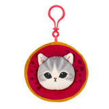 Donut-shaped plush cat keychain with pink loop and red fabric face with dark spots.