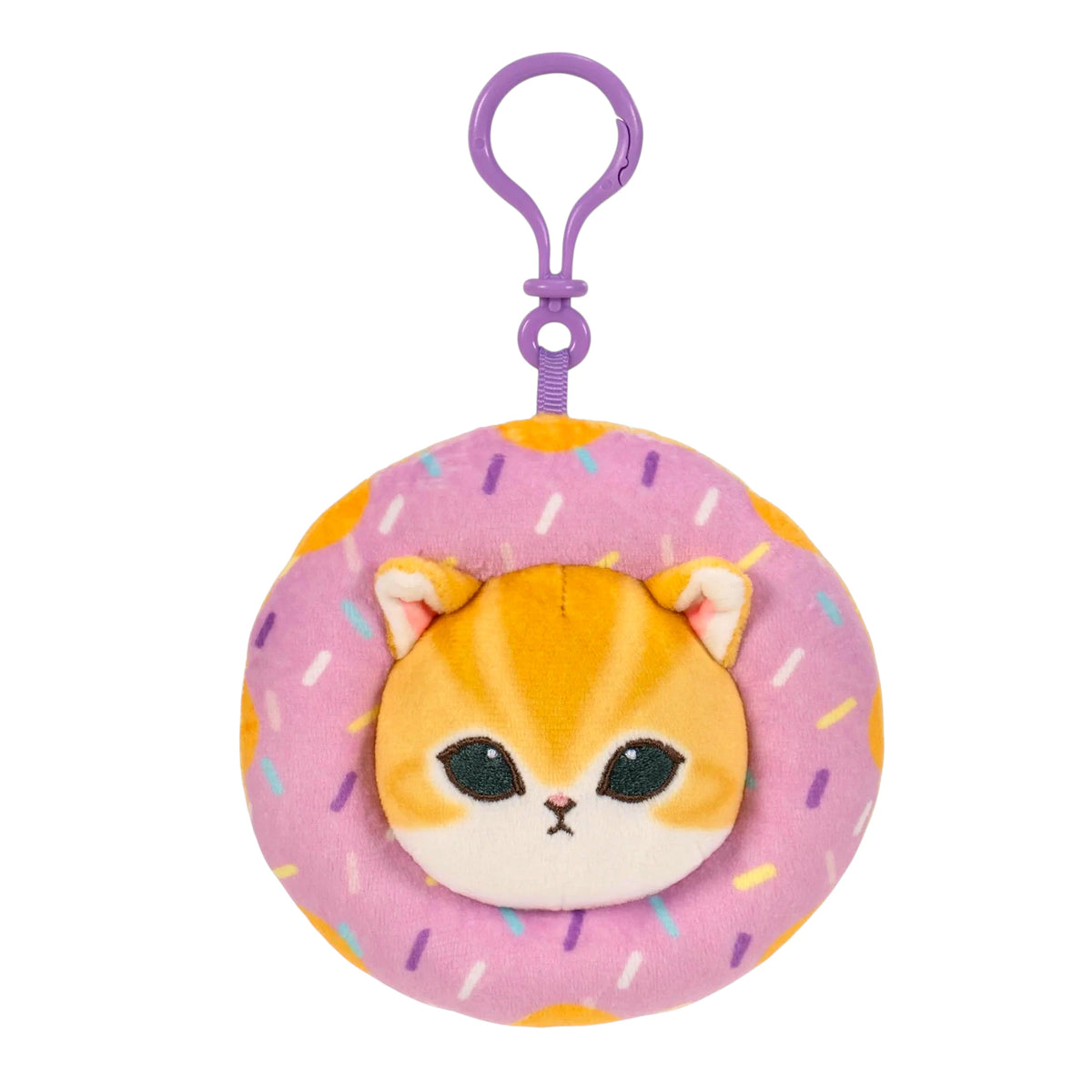Donut-shaped plush animal keychain with purple loop, orange cat face with sprinkle accents.