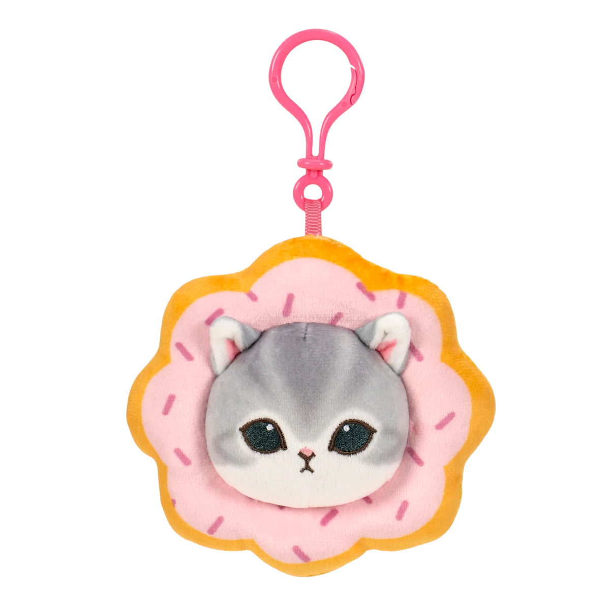 Flower-shaped plush animal keychain with pink loop, gray cat face and pink petals.