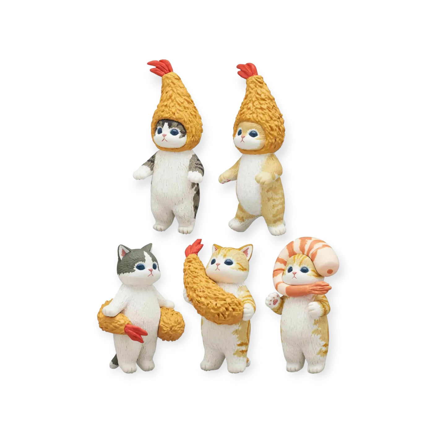 Five figurines of cats donning chicken costumes are showcased against a white background, capturing the playful charm of the Mofusand Premium - Fried Shrimp Cat Blind Box series.