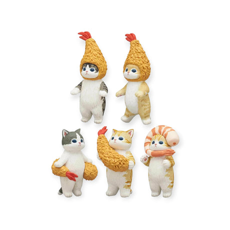 Five figurines of cats donning chicken costumes are showcased against a white background, capturing the playful charm of the Mofusand Premium - Fried Shrimp Cat Blind Box series.