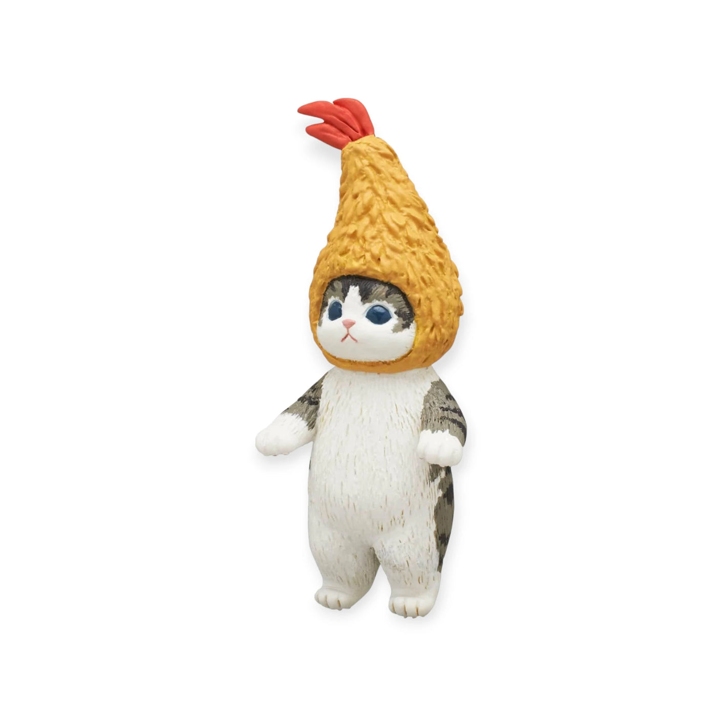 From the Mofusand Premium - Fried Shrimp Cat Blind Box collection, this delightful figure features a cat playfully dressed in a whimsical chicken costume, complete with a yellow feathered headpiece. Each piece in this series uniquely captures the charming essence of a cat's favorite food.