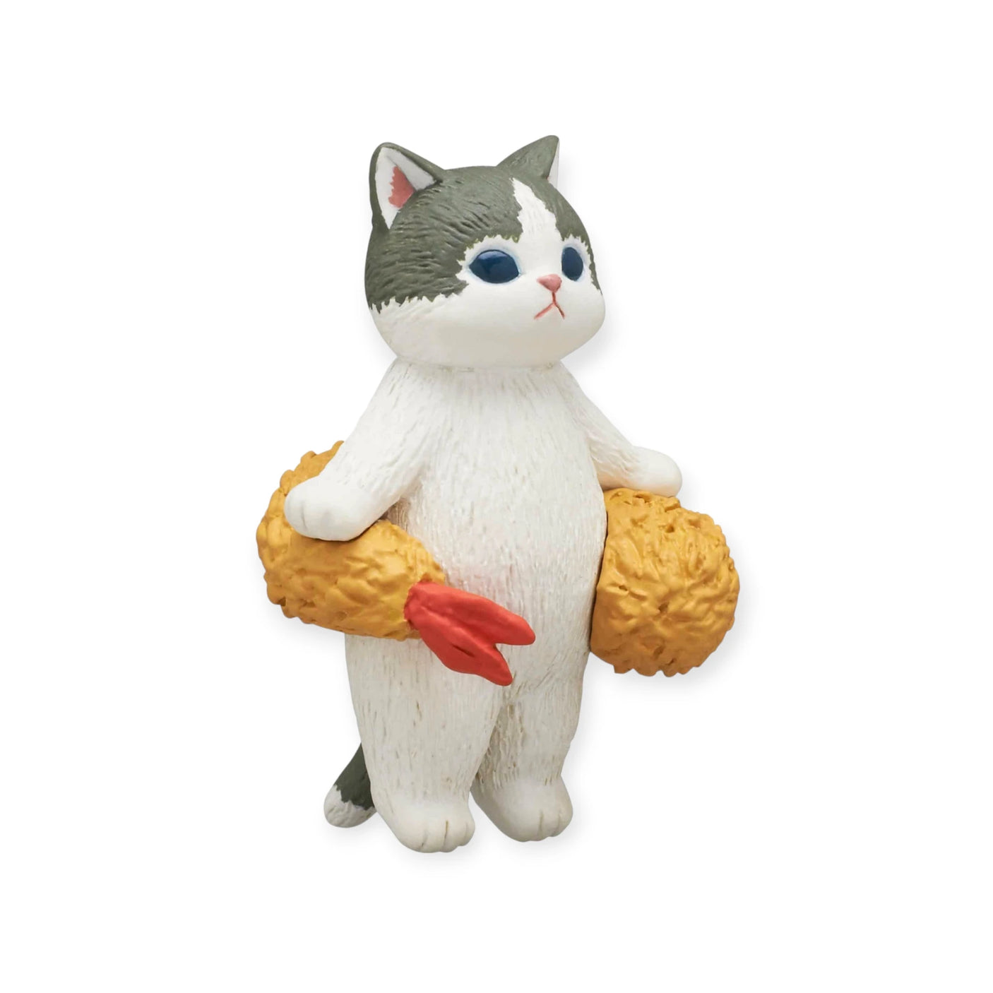 This delightful figurine from the Mofusand Premium - Fried Shrimp Cat Blind Box collection showcases a cat standing upright, holding a plush toy drumstick. With its gray and white fur, blue eyes, and design reminiscent of the Fried Shrimp Series by Mofusand, this collectible perfectly captures the essence of a cat's favorite food.