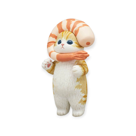 This delightful toy figure is included in the Mofusand Premium - Fried Shrimp Cat Blind Box from the Mofusand brand, showcasing a standing cat with a shrimp-like curled tail on its head.