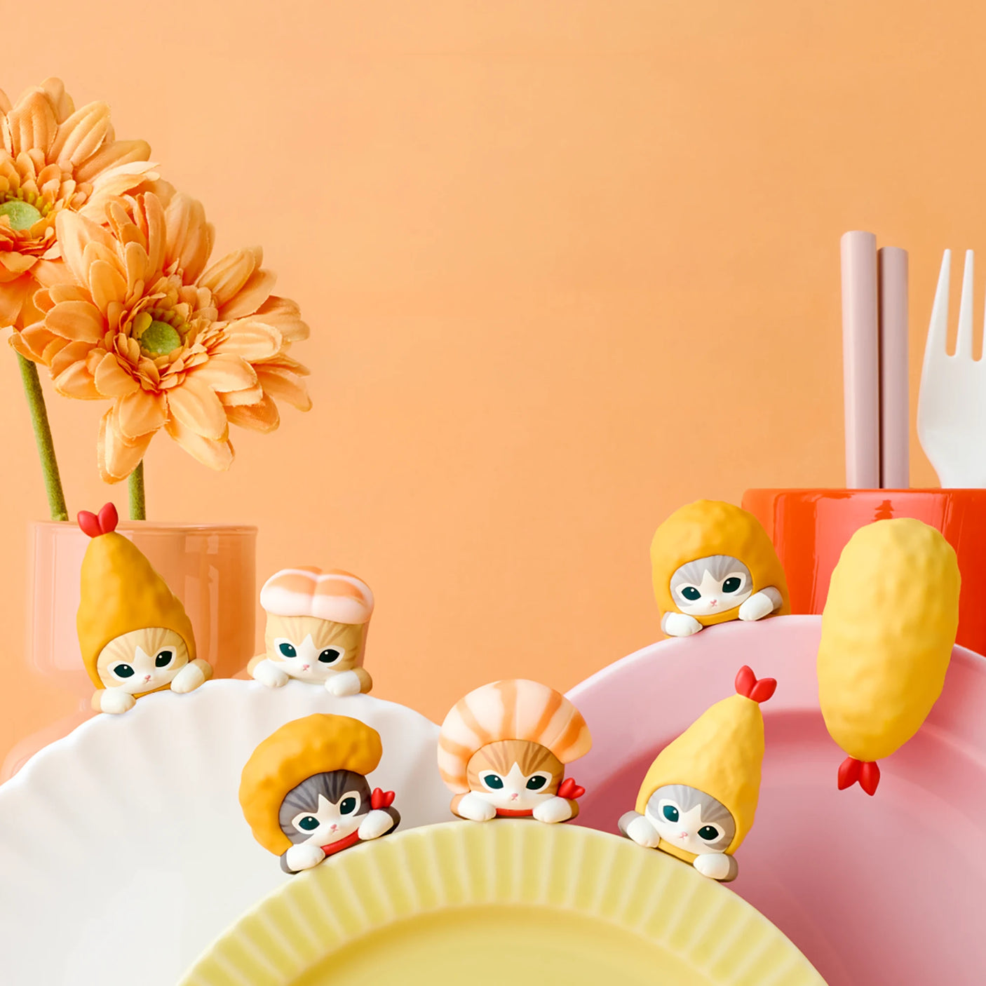 Cluster of Hippers shrimp characters with red bow heads on a tabletop display