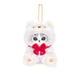 Mofusand plush teddy bear keychain, white with gold chain and red bow flower
