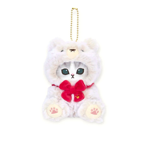 Mofusand plush teddy bear keychain, white with gold chain and red bow flower