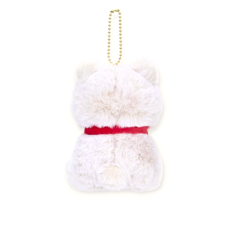 Back view of fluffy white cat plush keychain wearing red collar with gold ball chain on white background