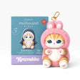 Pink fluffy kitten plush keychain with metal clasp and loop ring, front view.