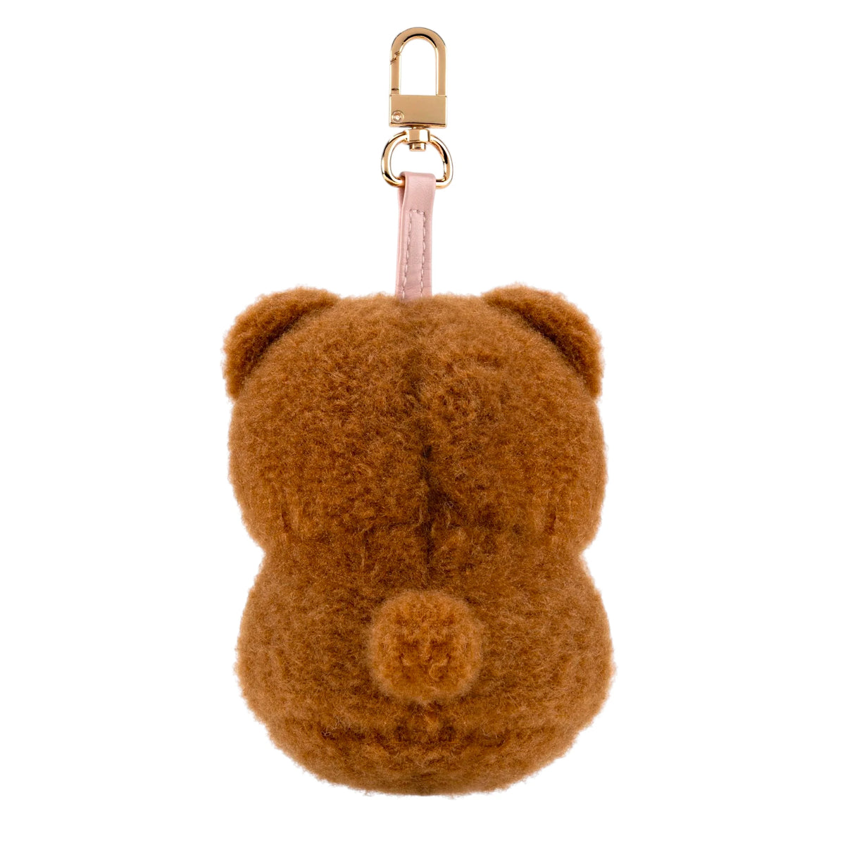 Brown fluffy kitten keychain plush back view with light pink strap and metal keyring