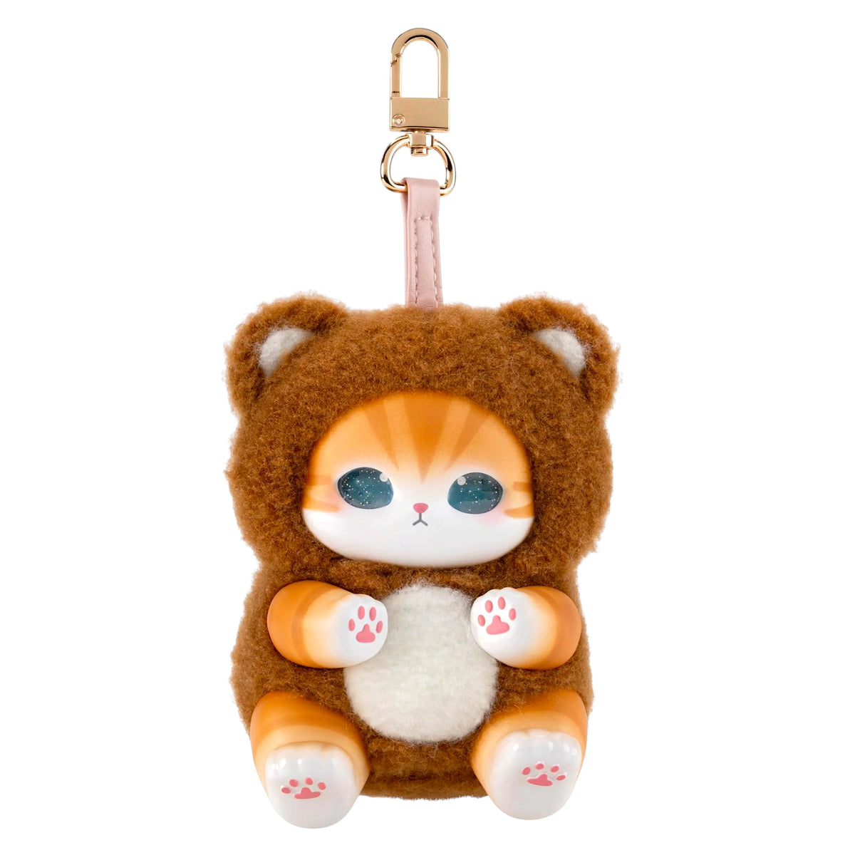 Brown fluffy kitten keychain plush with paw prints, blue eyes, and pink strap keyring