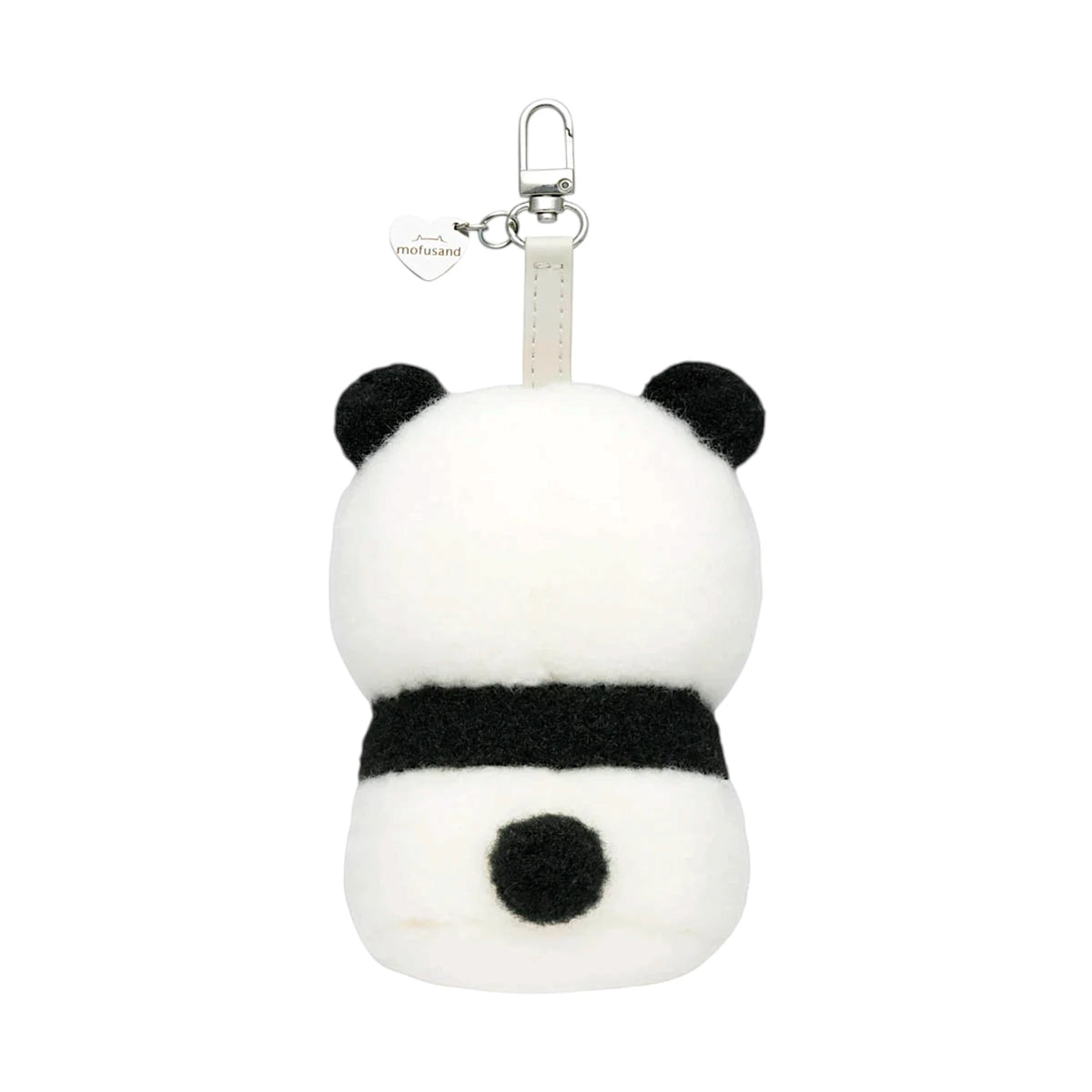 White and black panda-style fluffy kitten plush keychain with metal clasp and ring.