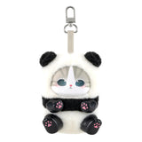 White and black fluffy kitten plush keychain with metal clasp and ring, face front.