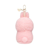 Pink fluffy kitten plush keychain with metal clasp and loop ring, back view.