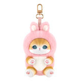 Pink fluffy kitten plush keychain with metal clasp and loop ring, face front view.