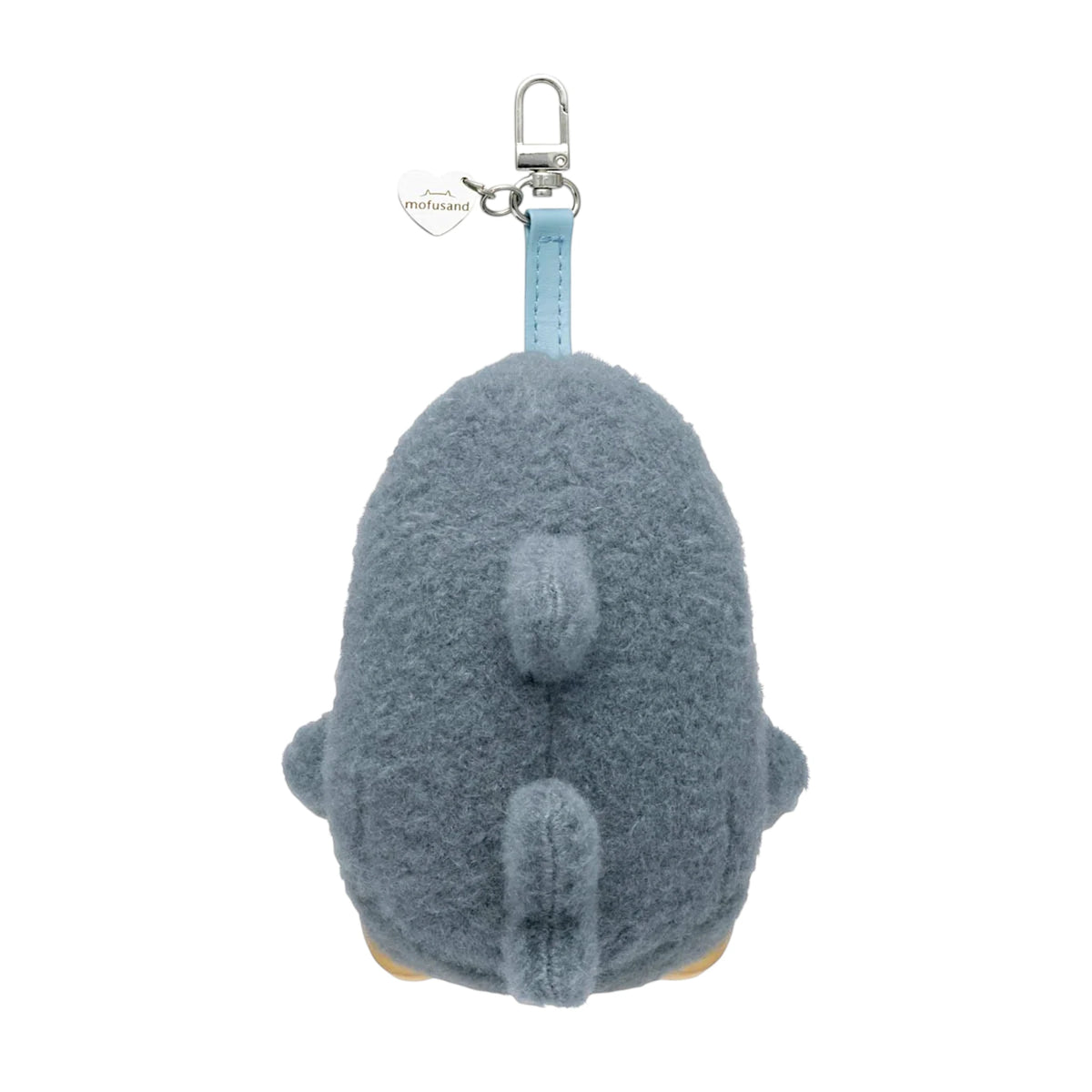Gray fluffy kitten plush keychain with metal clasp and loop ring, back view.