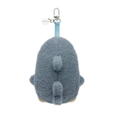 Gray fluffy kitten plush keychain with metal clasp and loop ring, back view.