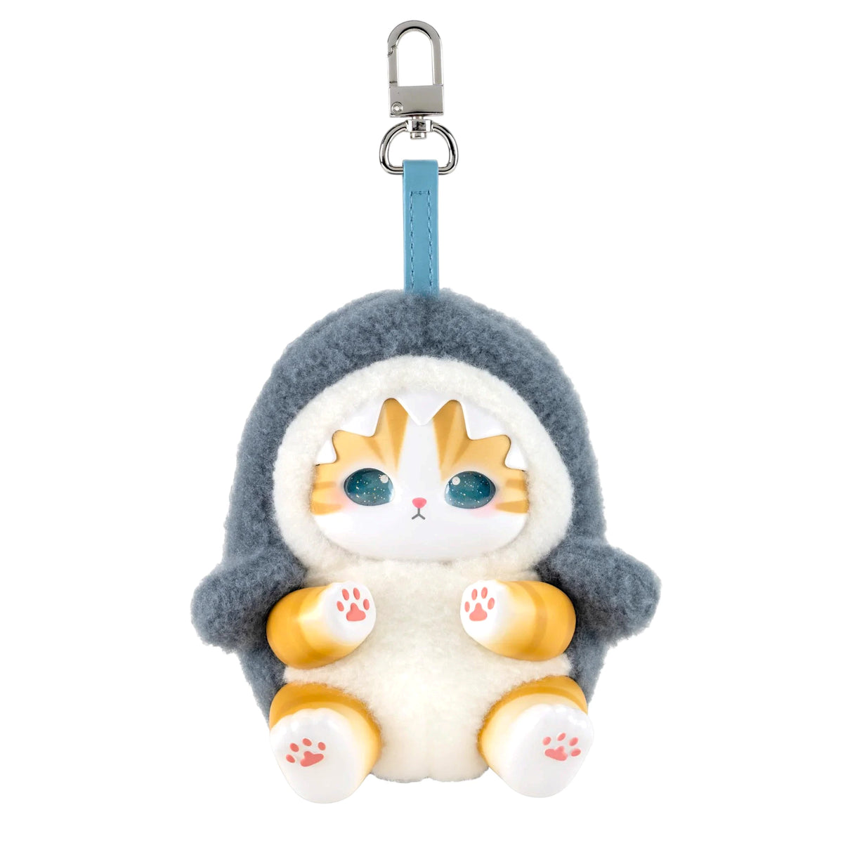 Gray fluffy kitten plush keychain with metal clasp and ring, orange paw pads front view.
