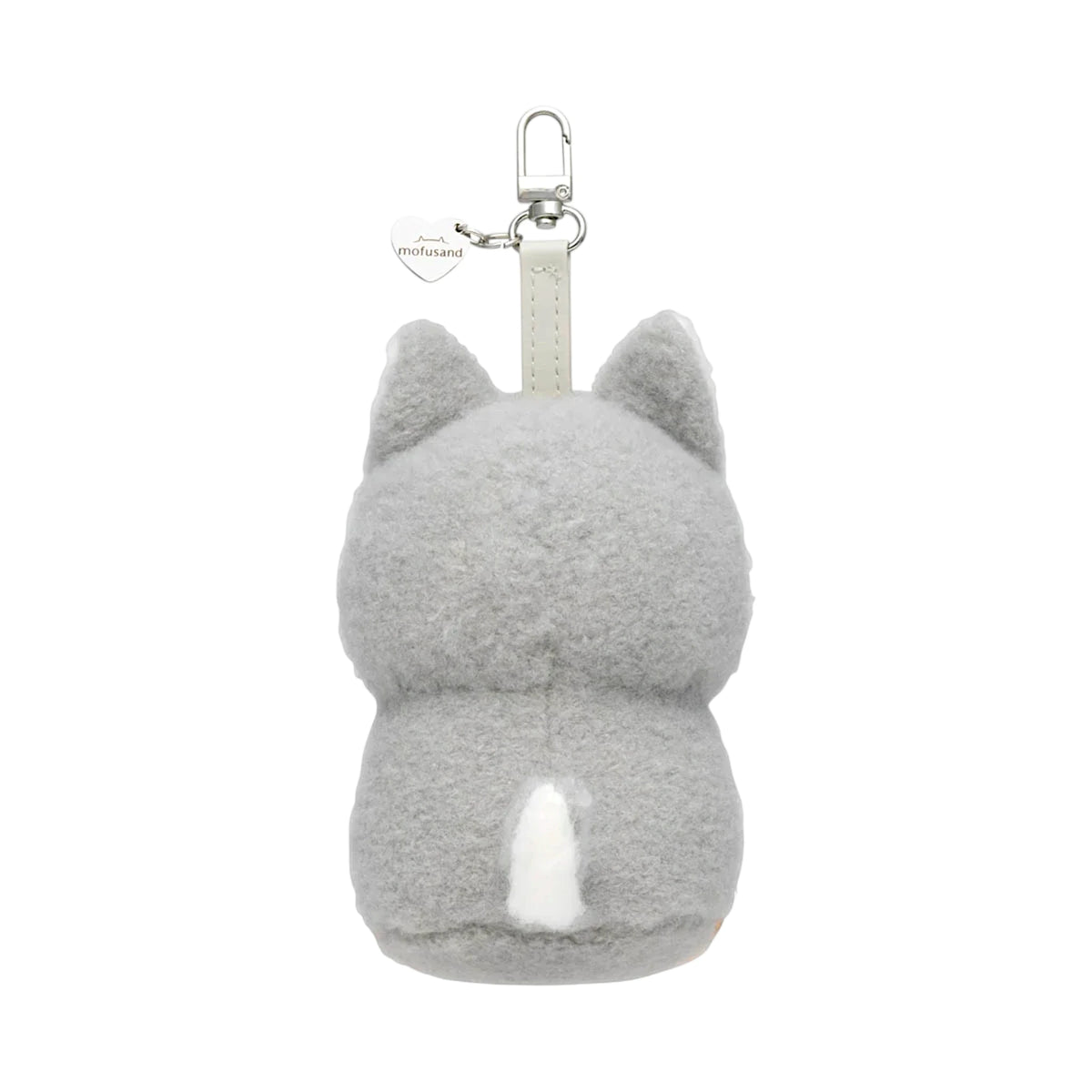 Gray fluffy kitten plush keychain with metal clasp and loop ring, face tucked.