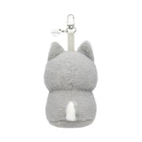 Gray fluffy kitten plush keychain with metal clasp and loop ring, face tucked.