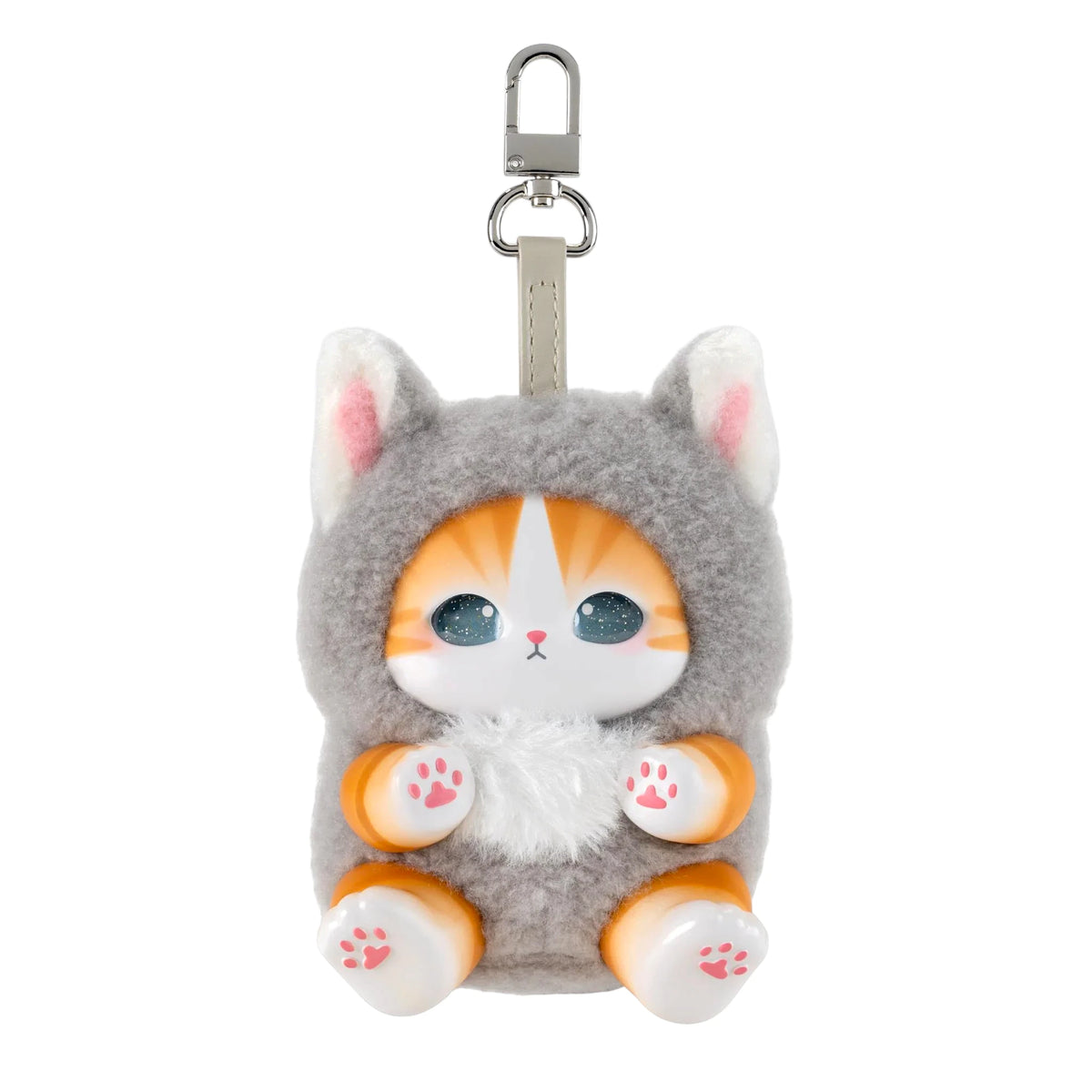 Grey fluffy kitten keychain plush with pink ears, blue eyes, and tan strap keyring