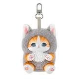 Grey fluffy kitten keychain plush with pink ears, blue eyes, and tan strap keyring