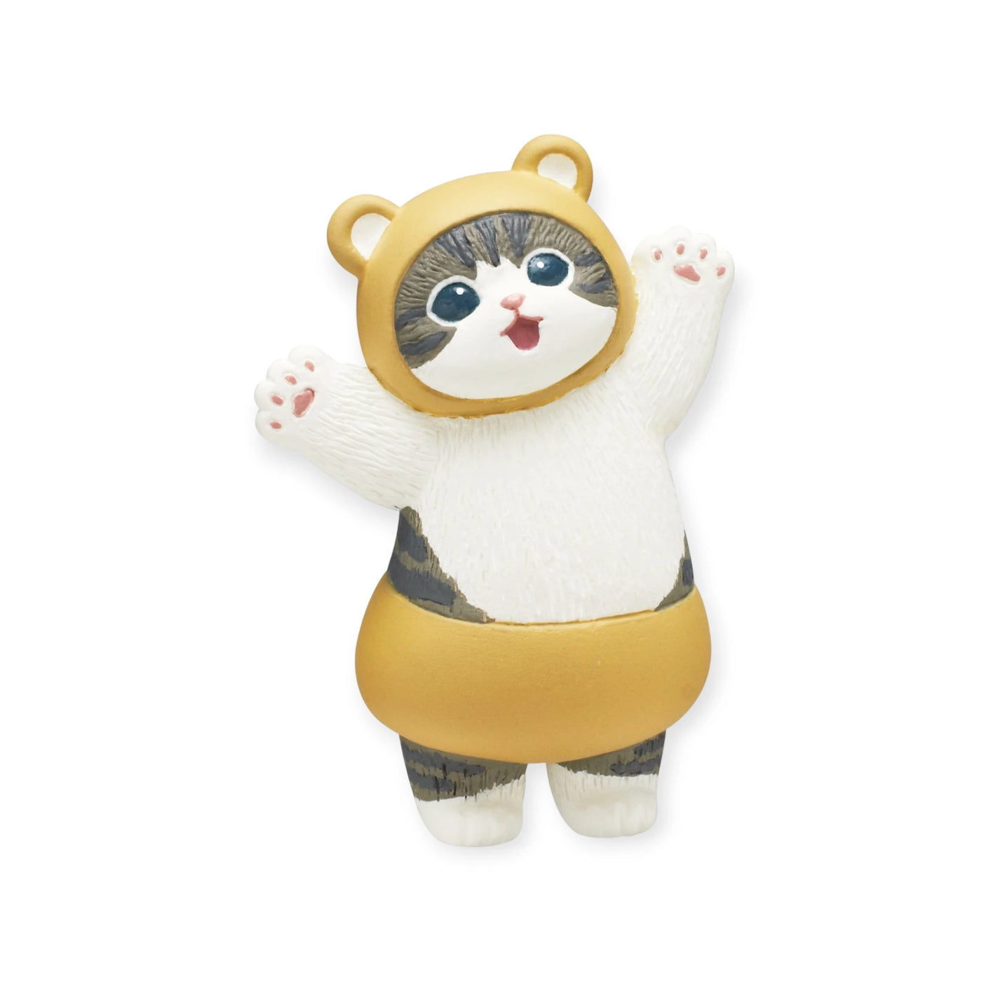 A tiny cat figurine from the Mofusand Premium - Nyanpantsu Blind Box is dressed in a charming bear costume, complete with raised arms and a cheerful smile. This delightful piece, part of the Mofusand collection, is a must-have for collectors—be sure to collect them all!