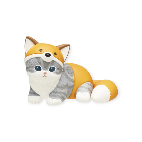 The Mofusand Premium - Nyanpantsu Blind Box showcases a delightful figurine of a gray and white cat dressed in an orange fox outfit, lounging adorably. As part of the Nyanpantsu Series by Mofusand, it's a charming addition to any collection.