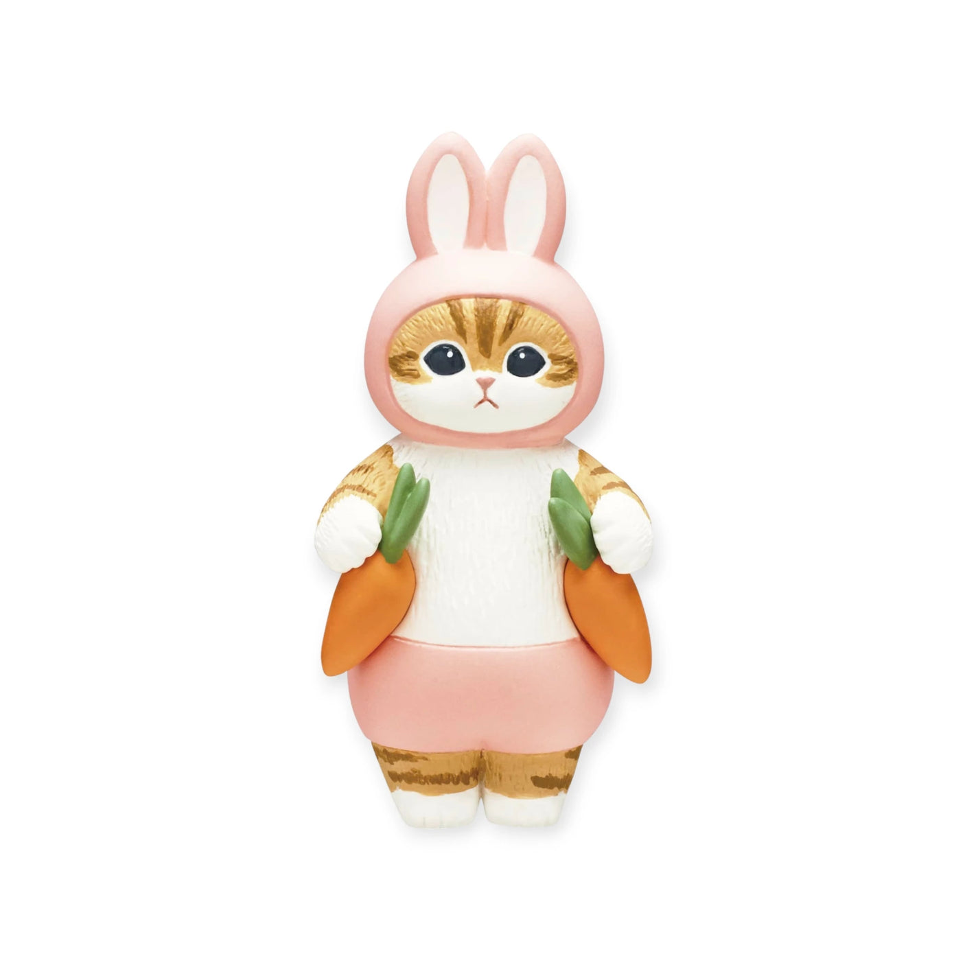 From the charming Mofusand Premium - Nyanpantsu Blind Box series, this whimsical figurine showcases a cat dressed in a pink bunny costume and holding two carrots. Set against a pristine white backdrop, these collectibles are part of the Mofusand collection—acquire them all to complete your set!