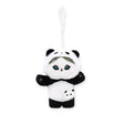 Panda plush bag keychain with teal eyes, white face and black ears, hanging loop