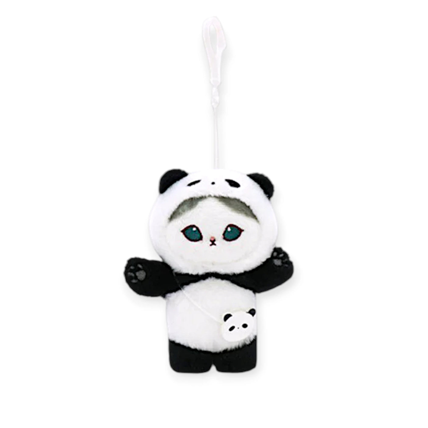 Panda plush bag keychain with teal eyes, white face and black ears, hanging loop