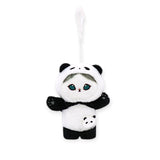 Panda plush bag keychain with teal eyes, white face and black ears, hanging loop