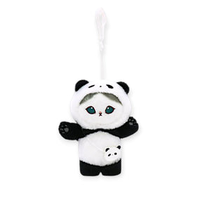 Panda plush bag keychain with teal eyes, white face and black ears, hanging loop