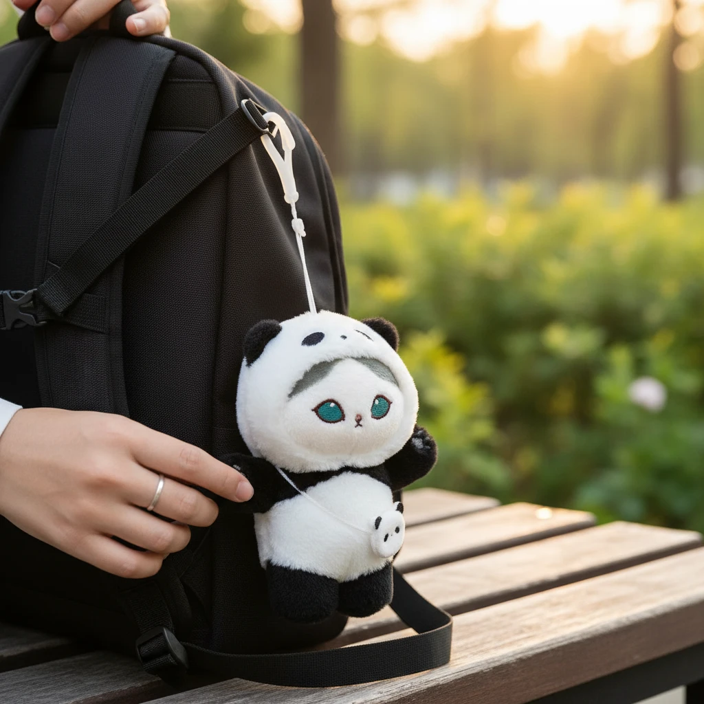 Panda plush keychain attached to backpack strap, white and black panda with teal eyes