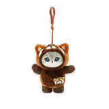 Plush red panda keychain with clasp, brown and white face, blue eyes