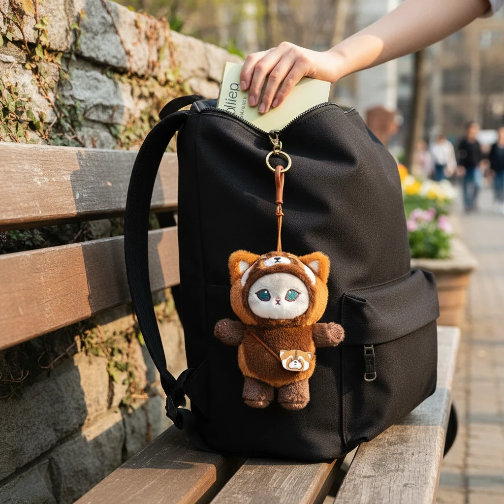 Plush red panda keychain hanging from black backpack with zip and strap