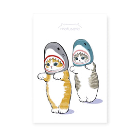 Two Mofusand cats dressed in shark costumes standing upright on white background postcard print