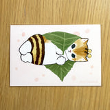 The Mofusand Bumble Bee Cat postcard showcases an adorable striped-tailed cat in a bee costume, lounging on a leaf against a light pink background with scattered dots.