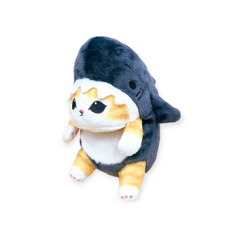 The Mofusand Posture Plush Buddy - Shark features a cat in a navy blue shark costume, with its face and limbs peeking out, perfect for fans of the Mofusand brand and Shark Nyan.