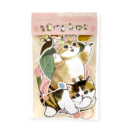 Meet the "Spring Greetings" card from Mofusand's Spring Garland Decorations, showcasing two cute cats dressed as bees with floral and leaf accents, perfect for a charming spring touch.