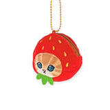 Red strawberry plush keychain pouch with cat face charm and zipper