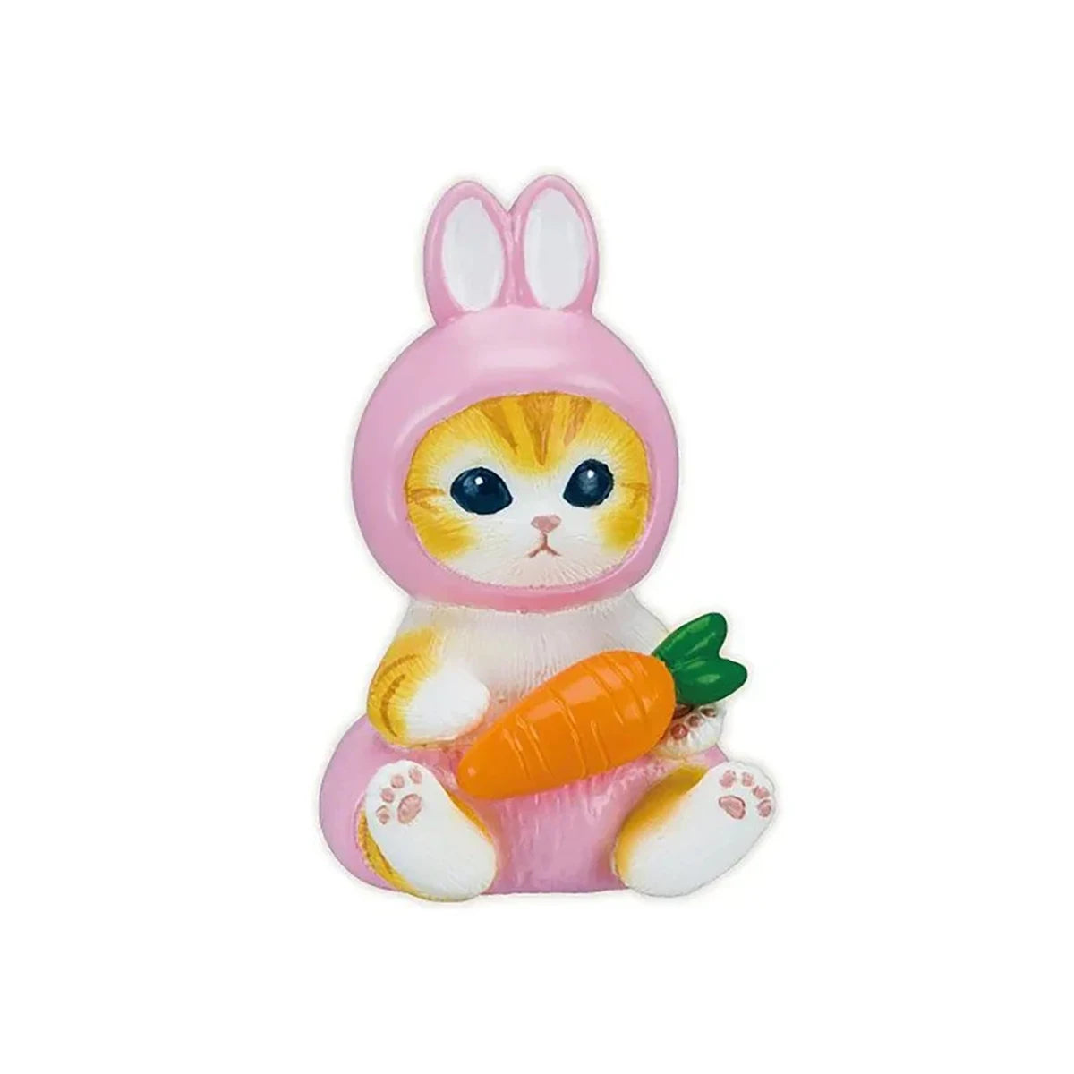 The Mofusand Mini Figure Blind Box - Vol 3 (Pink) features an adorable cat dressed in a pink bunny costume and holding an orange carrot.