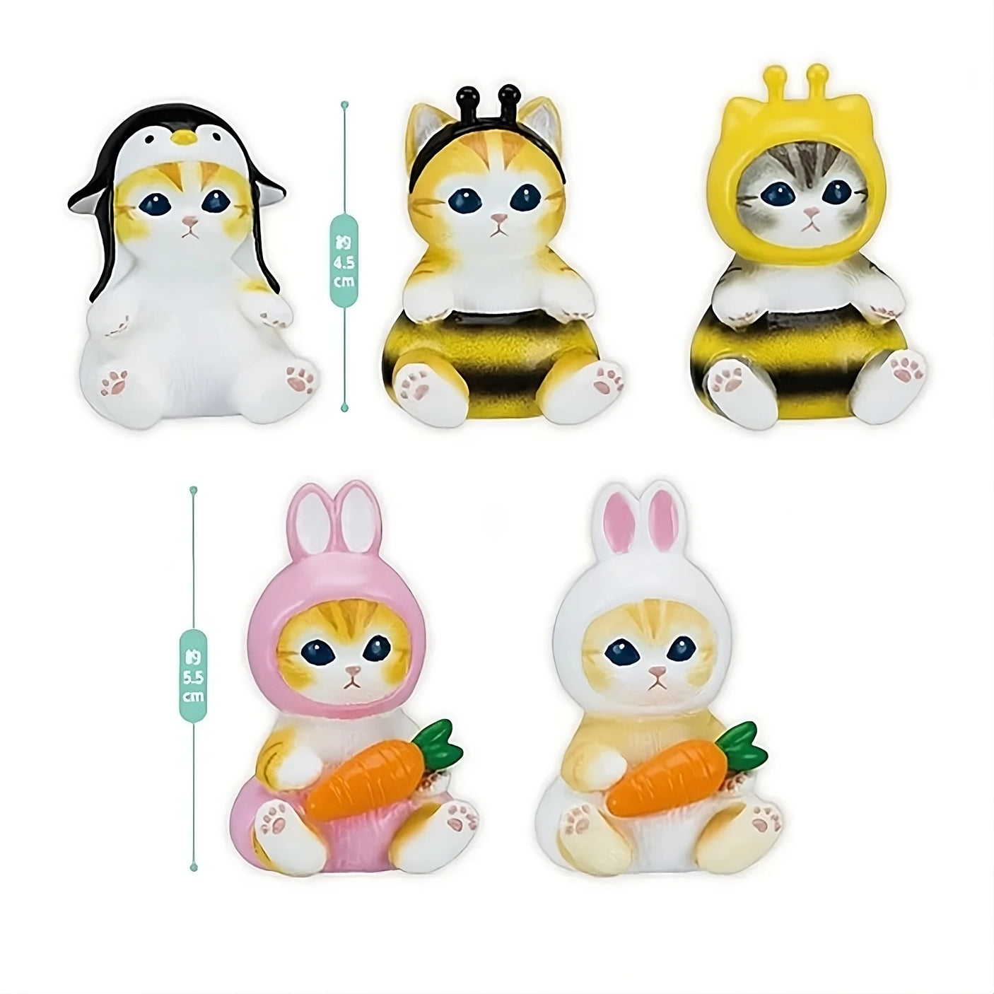 Five cartoon cat figurines from the Mofusand Mini Figure Blind Box - Vol 3 (Pink) collection are dressed as a penguin, bee, and bunnies holding carrots, with height measurements included.