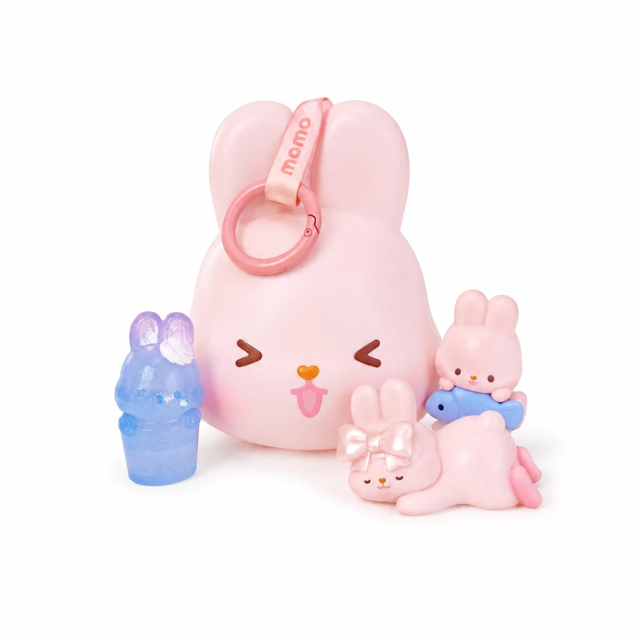 Pink bunny carrying case with key ring, heart face, and small seated bunny figure