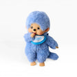 Blue plush Monchhichi-style doll with furry hood and blue bib