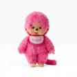 Monchhichi berry pink plush doll with hood and scarf, smiling face, standing